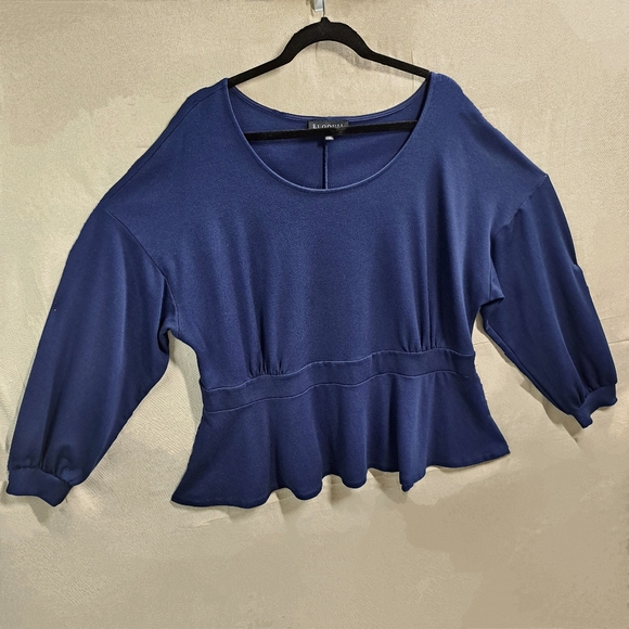 Eloquii Women 24 Navy Blue Long Sleeve Scoop Neck Peblum Pullover Blouse - Picture 1 of 8
